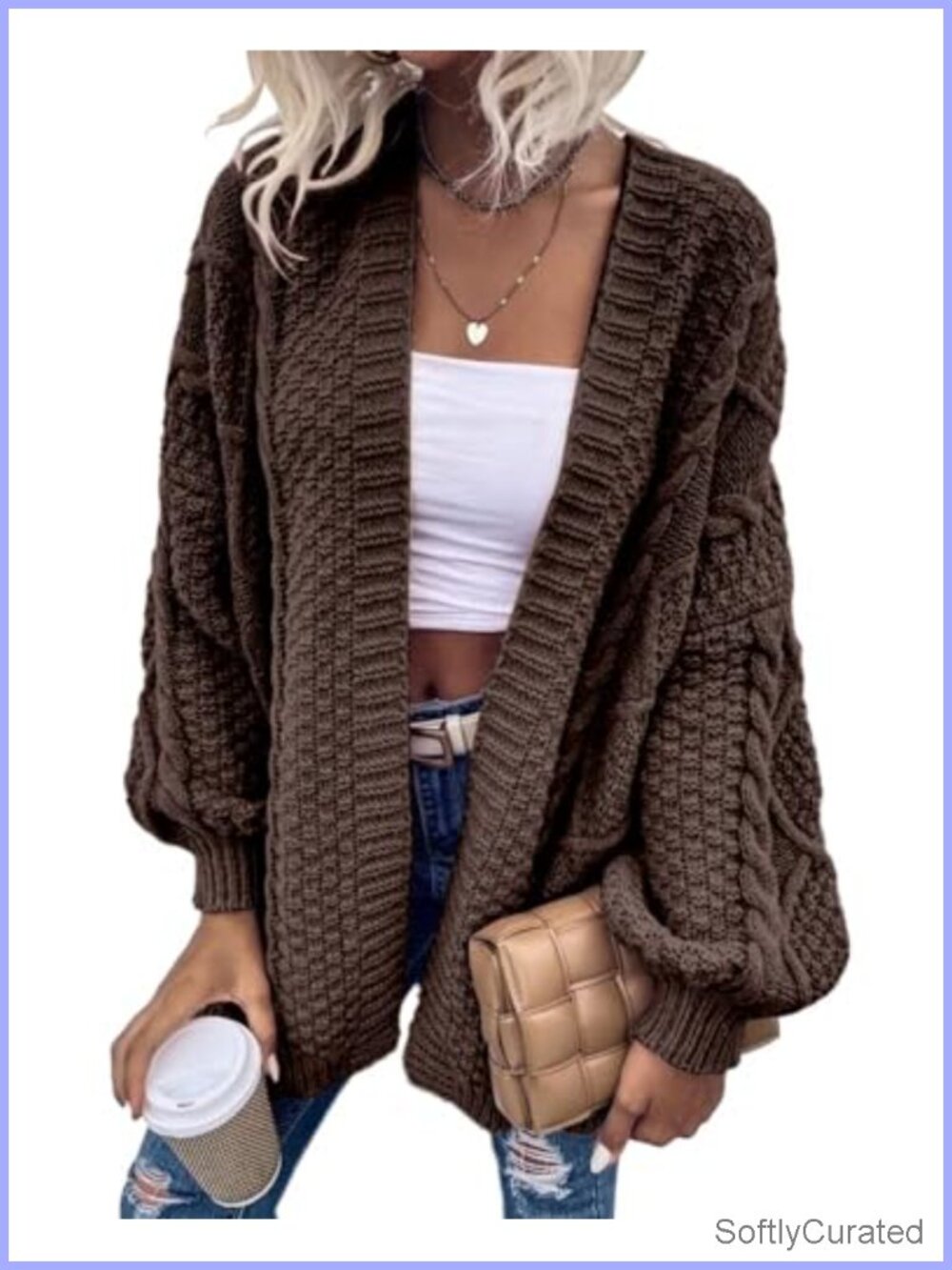 Oversized Cable Knit Open Front Cardigan Chunky Lantern Sleeve Fall Layer
